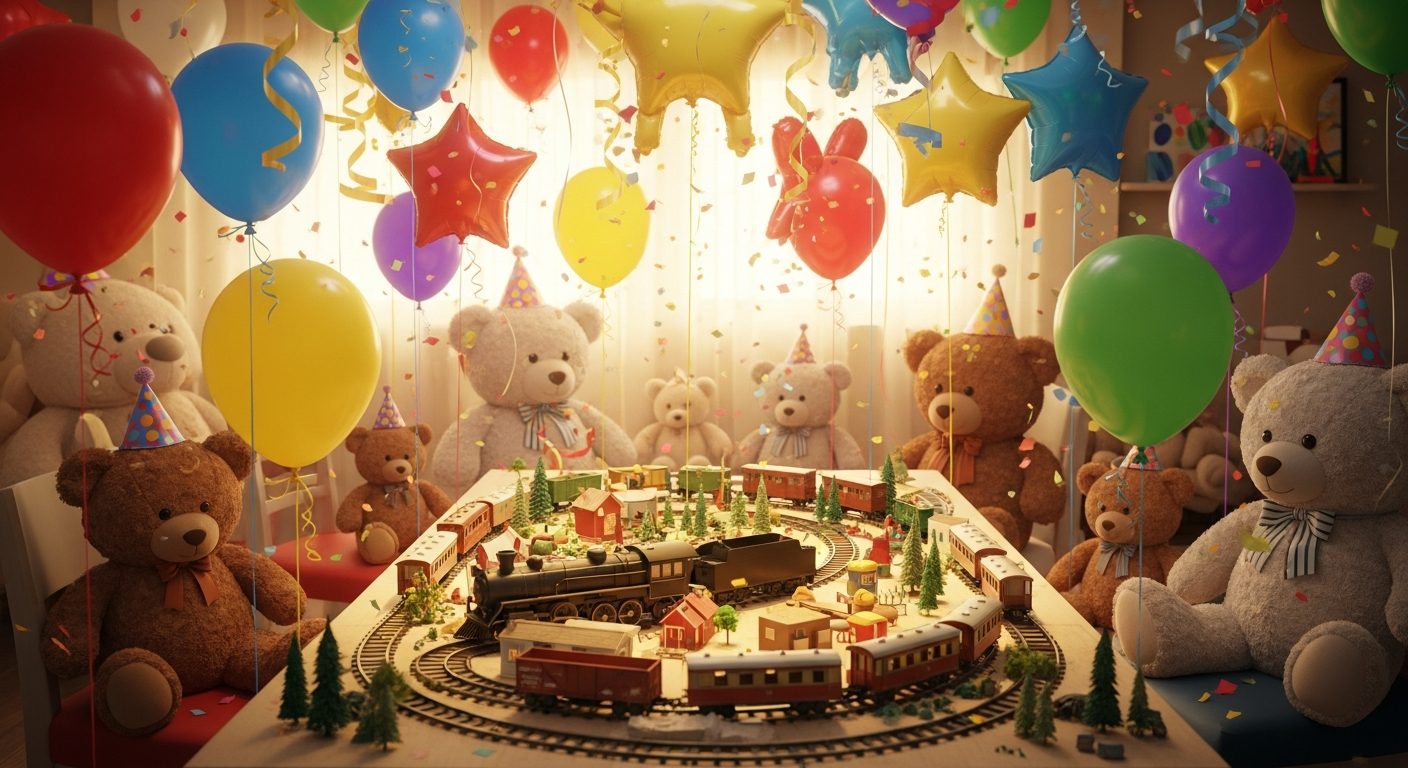 Globos de colores, osos de peluche y trenes de juguete en fiesta