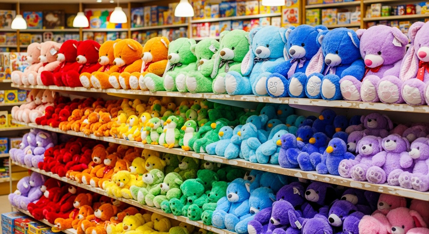 Arcoíris de peluches en repisas de juguetería alegre