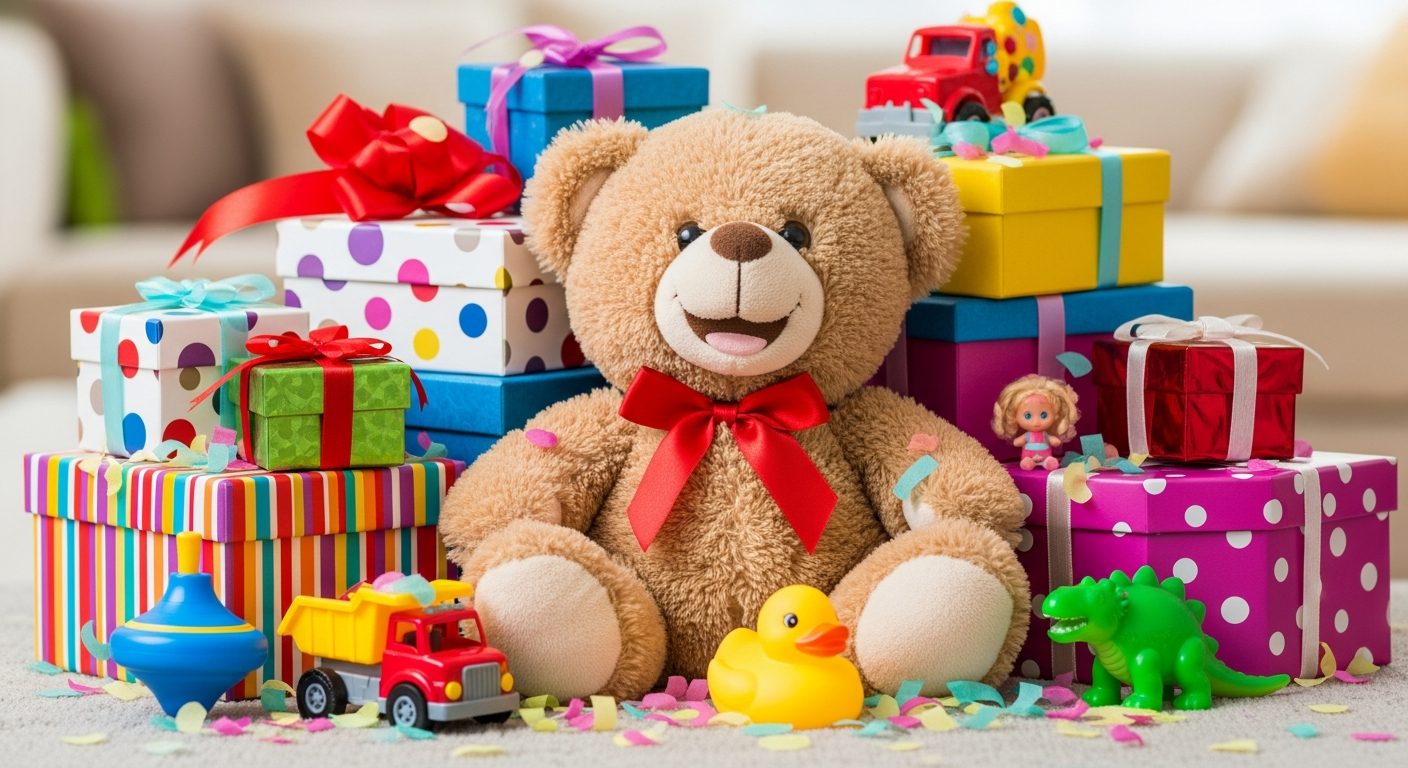 Oso de peluche feliz rodeado de regalos y juguetes