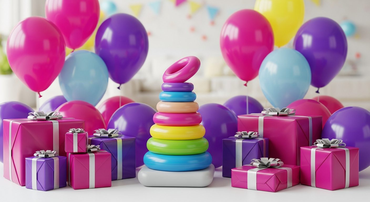 Pirámide de juguetes, aros, globos y regalos en rosa y morado